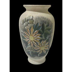 Handpainted Vase Cactus Ceramic Earth Tone Flowers Unbranded 10.5" x 6" Vintage